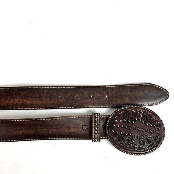 JOSE LUIS Spain Vintage Brown Leather Studded Etched Leather Buckle Belt size 34 - Picture 5 of 15
